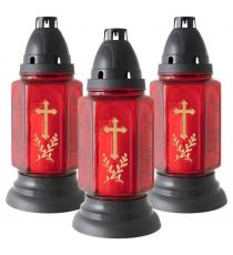 Skleněná lucerna na svíčku, červená, zlatý kříž, 22 cm, 3 ks